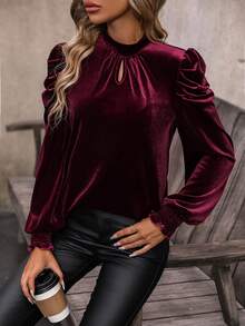 SHEIN Clasi Plush Keyhole Neckline Puff Sleeve T-shirt - Burgundy - View 6