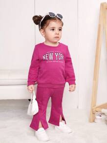 SHEIN 女嬰休閒粉紅字母印花運動衫和開叉下擺長褲套裝 - 玫紅色 - 查看 5