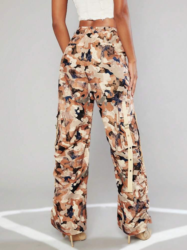 Camo Print Ruched Strap Cargo Pants