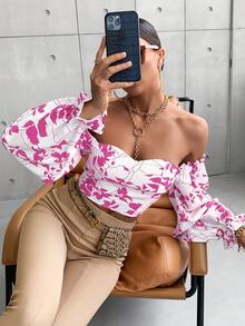SHEIN Frenchy 全印花圓筒袖長袖襯衫 - 玫紅色 - 查看 4