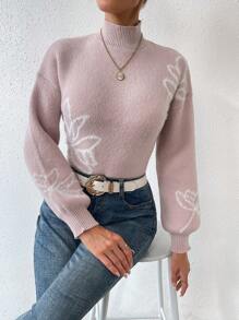 SHEIN Essnce 高領下垂肩花紋毛衣 - 淺粉色 - 查看 5