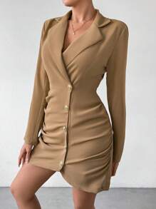 Chiquease Women's Notched Lapel Single Breasted Pleated Blazer - Coffee Brown - View 6