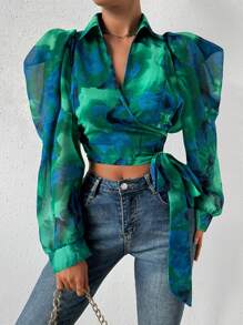 Chiquease Puff Sleeve Wrap Knotted Shirt Fall Cloth For Women - Green - View 1