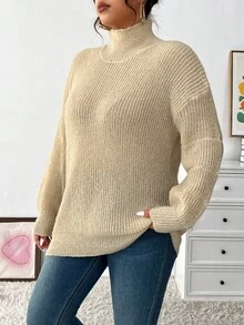 Celure Suéter De Color Sólido De Talla Grande Con Cuello Alto Y Hombros Caídos - Albaricoque - Ver 3