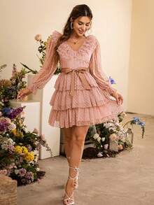 Simplee Dobby Mesh Overlay Flounce Sleeve Layered Hem Belted Dress - Dusty Pink - View 4
