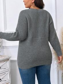 SHEIN LUNE 加大尺寸純色蝙蝠袖毛衣 - 灰色 - 查看 2