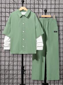 SHEIN 3pcs/set Tween Boys' Casual Letter Printed Turn-down Collar Shirt And Pants With T-shirt - Green - View 7