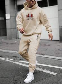 Manfinity Men's Plus Size Christmas Printed Hoodie And Sweatpants Two Piece Set - Khaki - View 1