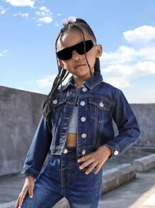 Young Girl Flap Detail Button Up Denim Jacket - Dark Wash - View 4