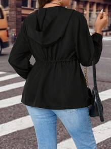 Calvaya Plus Size Black Hooded Jacket With Drawstring Waist - Black - View 2