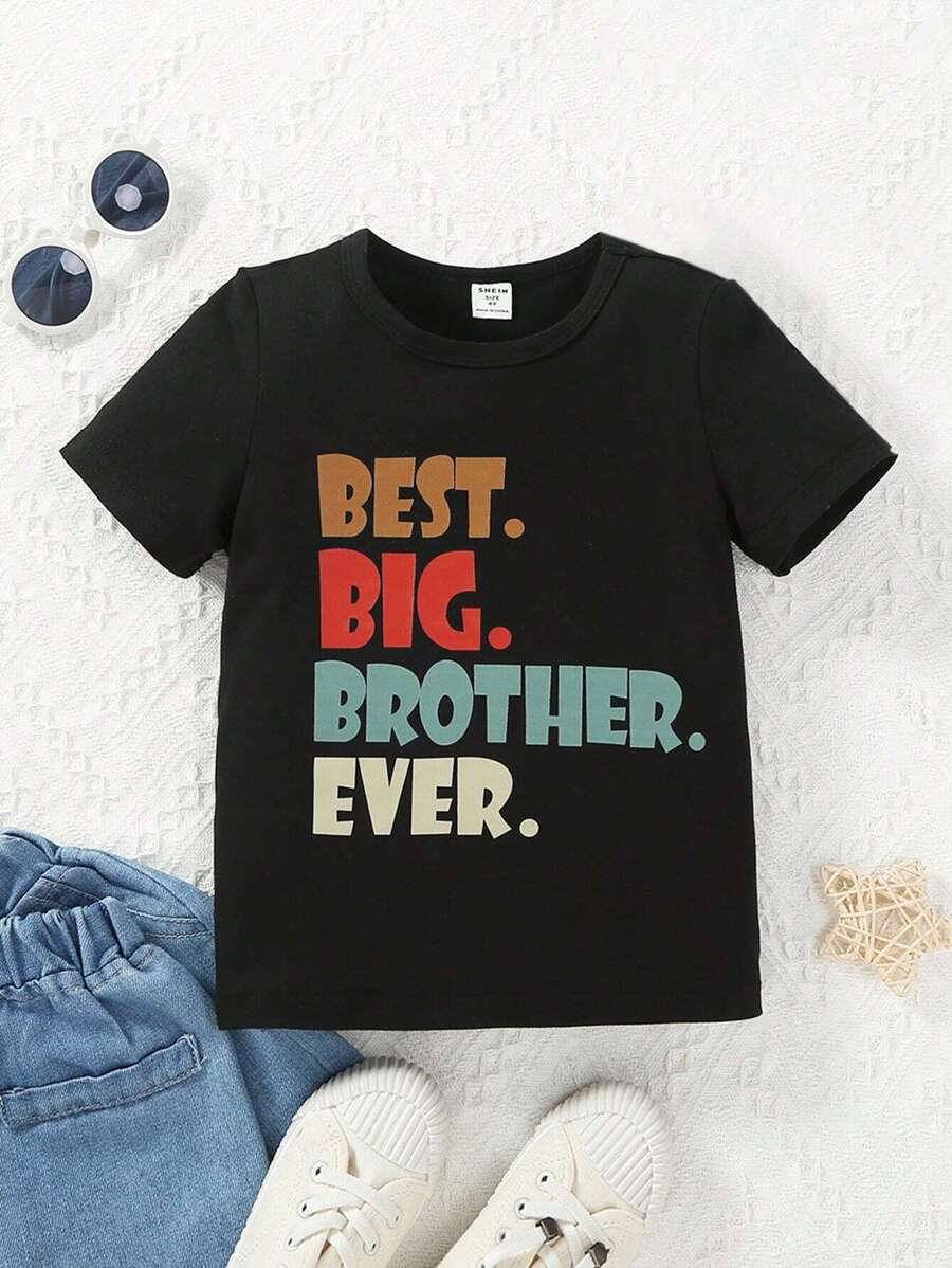 SHEIN 小男孩标语图案 T 恤 - 黑色 - 查看 1
