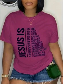 Inoviana Plus Size Women Slogan Printed T-Shirt, JESUS IS MY GOD MY KING MY LORD MY SAVIOR MY HEALER MY REFUGE MY PROVIDER MY STRENGTH MY DEFENDER MY PROTECTOR MY PEACE, MY JOY MY LIFE, MY ALL MY EVERYTHING Graphic Tee, Summer Top - Red Violet - View 1