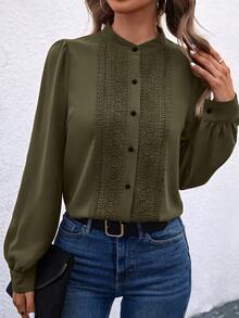 SHEIN Clasi Chèn ren Guipure Tay áo lồng đèn Áo sơ mi - xanh quân đội - Xem 5