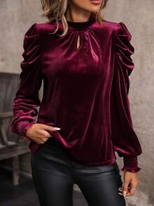 SHEIN Clasi Plush Keyhole Neckline Puff Sleeve T-shirt - Burgundy - View 3