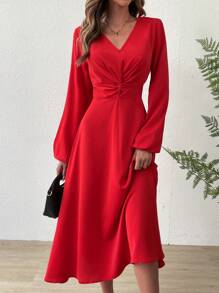Chiquease Twist Front Lantern Sleeve Dress - Red - View 2