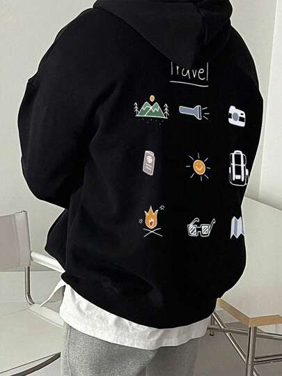 Sudadera con capucha con cordón y estampado de elementos de aventura al aire libre para hombres, de vuelta a la escuela, otoño/invierno