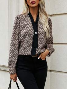 SHEIN LUNE Allover Print Contrast Trim Button Front Shirt - Multicolor - View 4