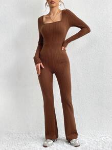 SHEIN Essnce Women'S Square Collar Texture Unitard Jumpsuit - Brown - View 1