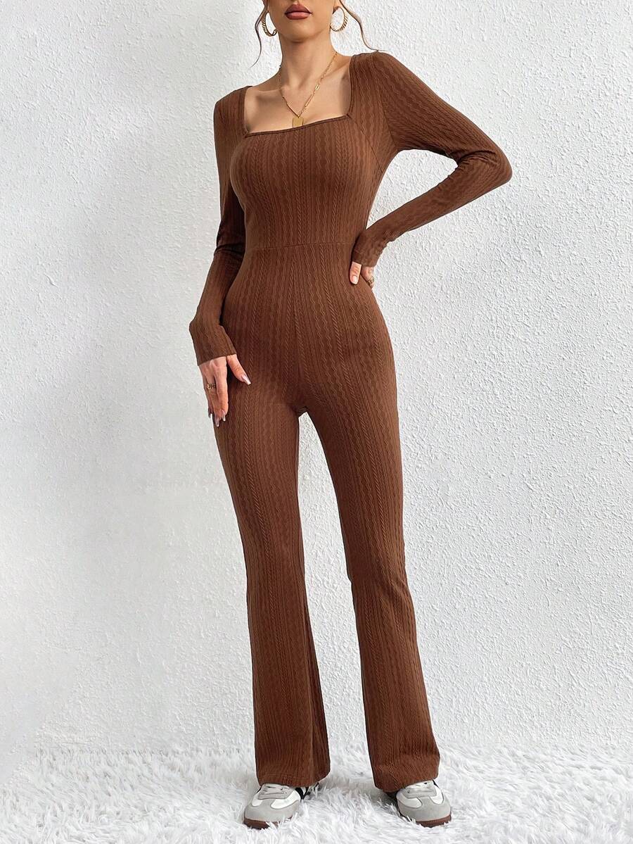 SHEIN Essnce Women'S Square Collar Texture Unitard Jumpsuit - Brown - View 1