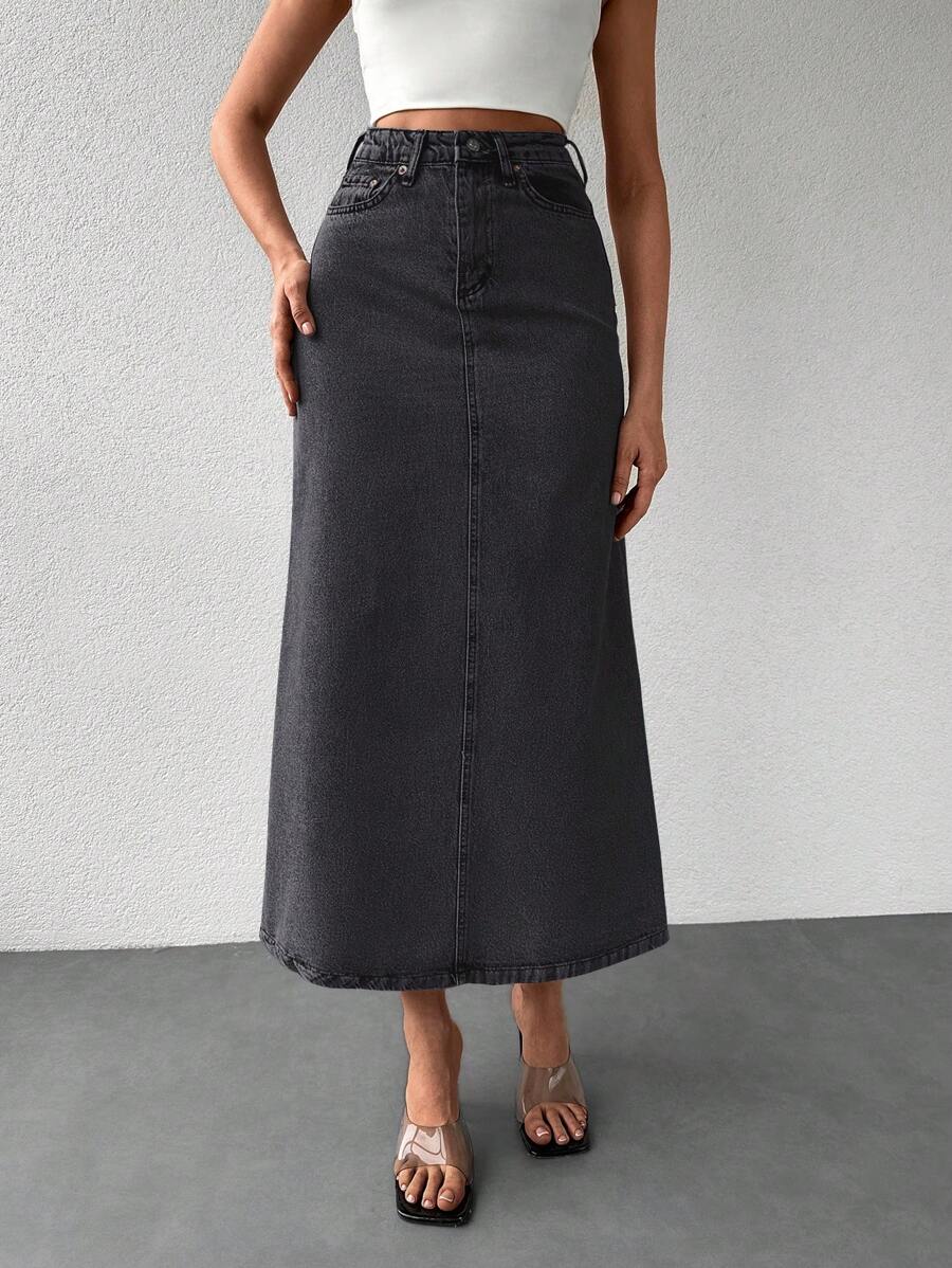 Letter Patched Denim Skirt - Dark Grey - View 1
