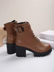 女用繫帶高跟粗跟踝靴,時尚側拉鍊靴,百搭摩托車靴 - 棕色 - 查看 4