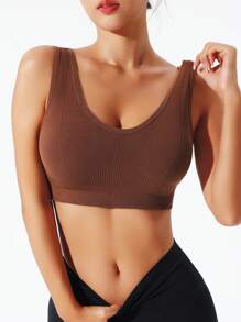Yoga Basic Solid Ribbed Knit Sports Bra - بني - مشاهدة 3