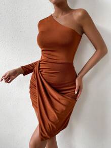 Zolique Women's Slim Fit Asymmetrical Collar Bodycon Dress - Rust Brown - View 6