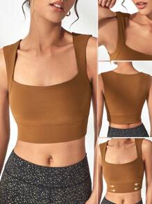 SHEIN Sports Solid Crop Sports Tank Top - Brown - View 5