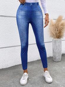SHEIN LUNE Women's High Waist Skinny Denim Effect Leggings - Blue - View 3