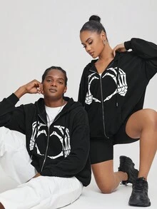 Ariqdhaksinargha Của phụ nữ Sọ & Tay In áo có mũ Áo khoác - màu đen - Xem 8