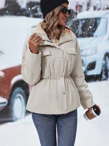 SHEIN Clasi Áo khoác có mũ trùm đầu có dây rút eo dành cho nữ Quần áo mùa đông - Màu Xám nhạt - Xem 5