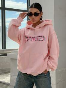 DAZY Text Pattern Hoodie - Pink - View 7