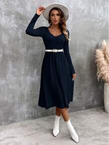 SHEIN Clasi V領帶式休閒女士毛衣裙 - 藏蓝色 - 查看 7