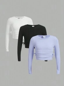 SHEIN Tween Girls' Knitted Texture Solid Color Round Neck Casual T-Shirt 3pcs/Set