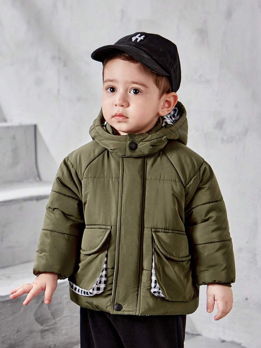 SHEIN 男宝宝中性款绿色休闲连帽棉服外套 - 彩色 - 查看 1