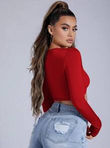 SHEIN SXY 女士扭結短袖t恤衫 - 紅色 - 查看 2