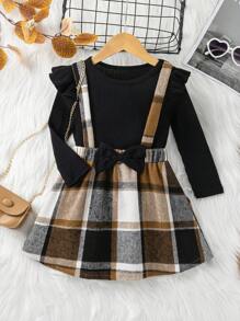 SHEIN 幼兒女童蕾絲t卹+格紋背帶裙,2件/套 - 棕色 - 查看 1