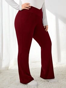 SHEIN LUNE Kích thước lớn Của phụ nữ Màu thuần Vượt qua Eo Quần - Màu Đỏ Sâu - Xem 1