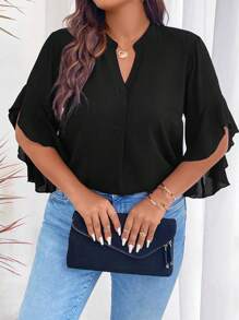 SHEIN Unity 女士大碼純色襯衫 - 黑色 - 查看 1