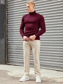 SHEIN Cottnline Simple Men's Solid Color Turtleneck Sweater, Versatile - Burgundy - View 6