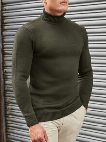 EURMUSE Suéter Simple De Cuello Alto De Color Sólido Para Hombre - Verde militar - Ver 3