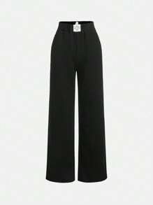 SHEIN Teen Girl Knitted Stretchy Wide Leg Sports Pants With Real Pocket And Logo - Black - View 1