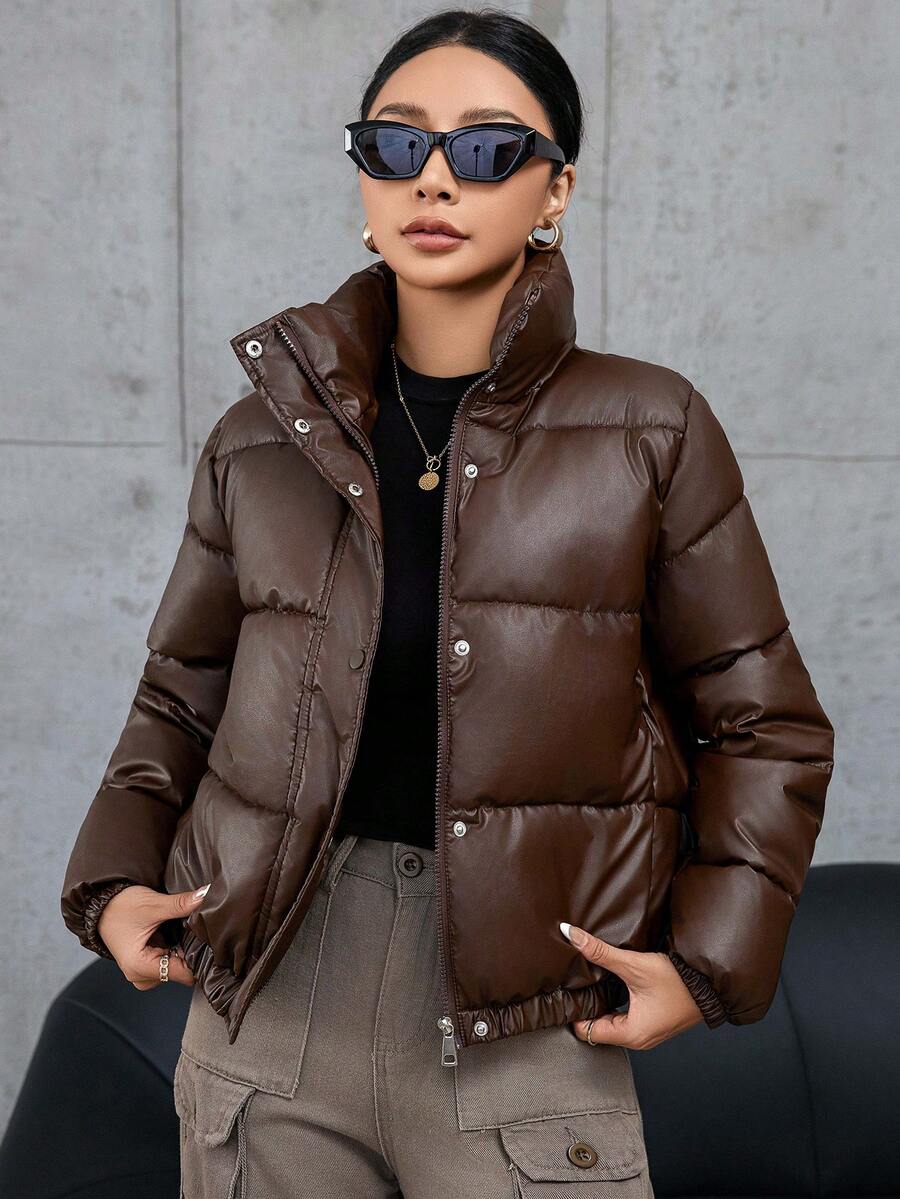 SHEIN Essnce 女士冬季纯色 PU 皮革前拉链休闲短款加厚棉服外套 - 咖啡棕 - 查看 1