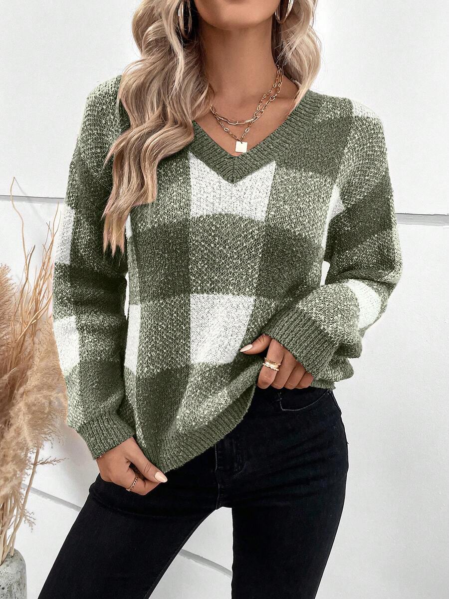 SHEIN LUNE V-Neck Drop Shoulder Sweater - Army Green - View 1