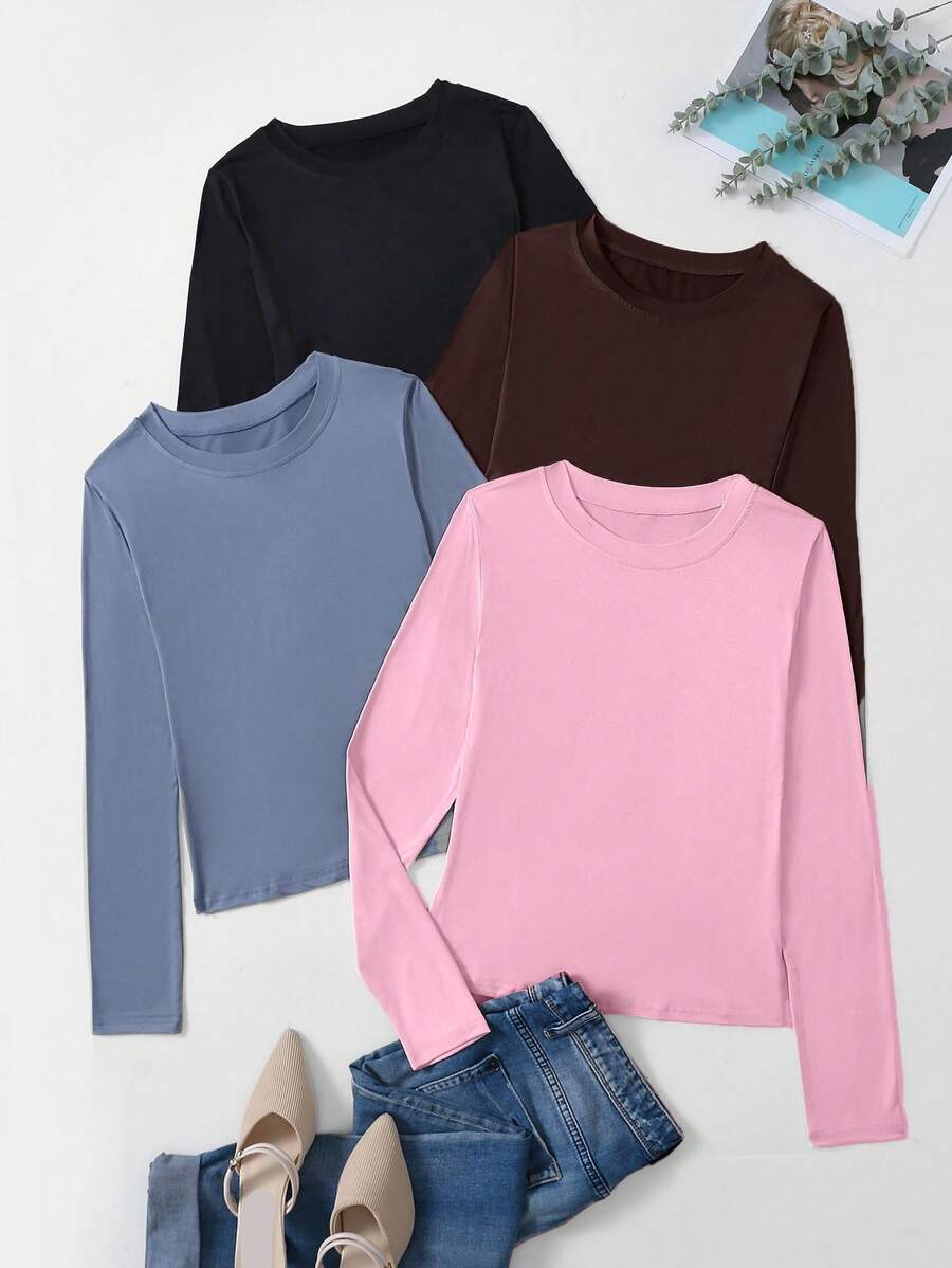 SHEIN Essnce 女款 4 件純色圓領長袖 T 卹 - 彩色 - 查看 1