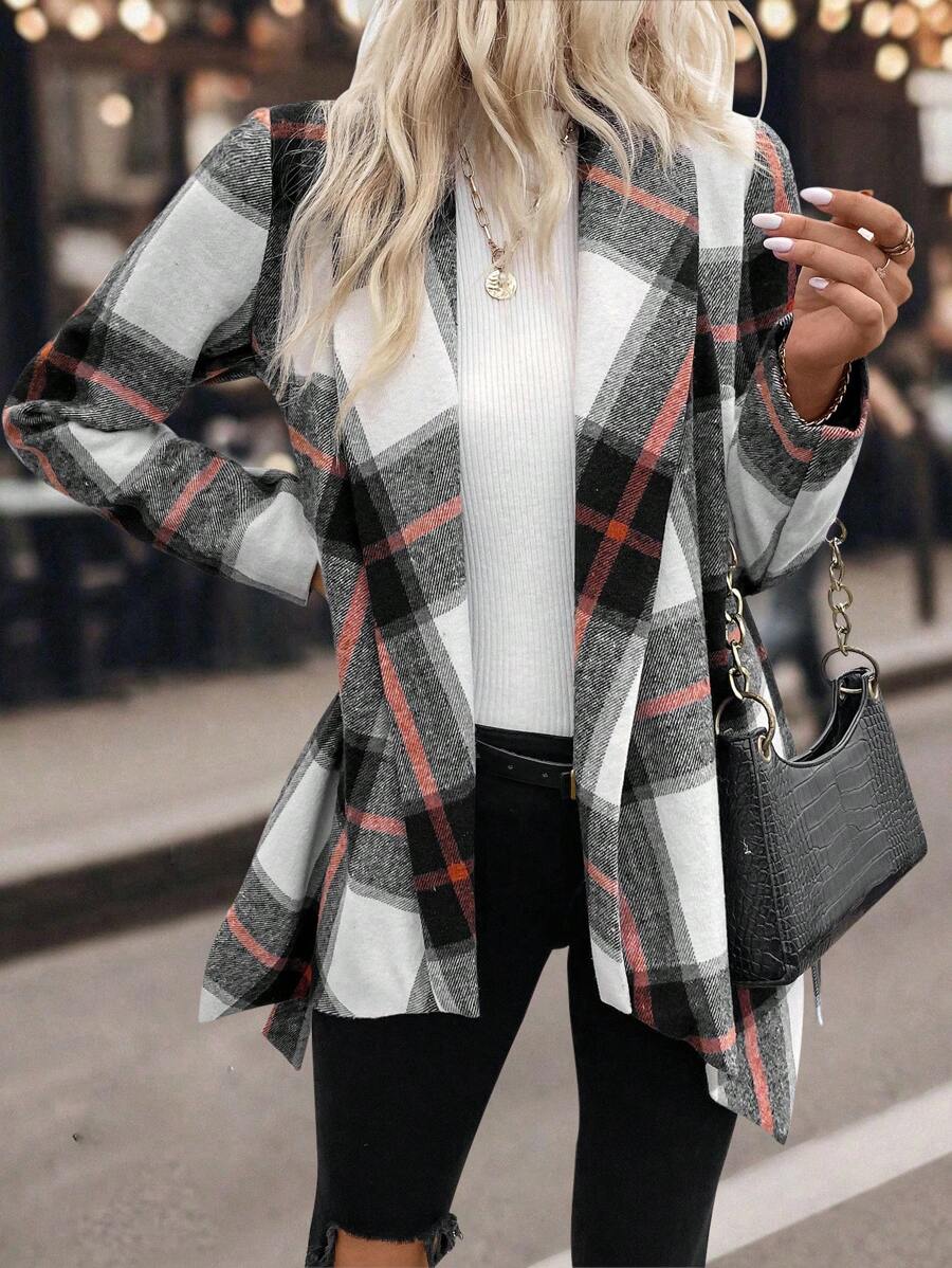 Chiquease Plaid Print Asymmetrical Hem Belted Coat - Multicolor - View 1