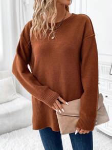 EMERY ROSE Women's Long Sleeve Round Neck Sweater - Rust Brown - View 4