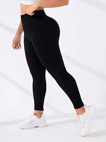 Yoga Basic 大尺碼無縫緊身運動打底褲 - 黑色 - 查看 3