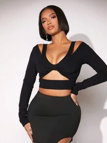 SHEIN SXY Camiseta Corta Con Busto Hueco Y Fruncido - Negro - Ver 7