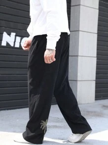 Manfinity Homme Men Plus Coconut Tree Embroidery Wide Leg Pants - Black - View 3
